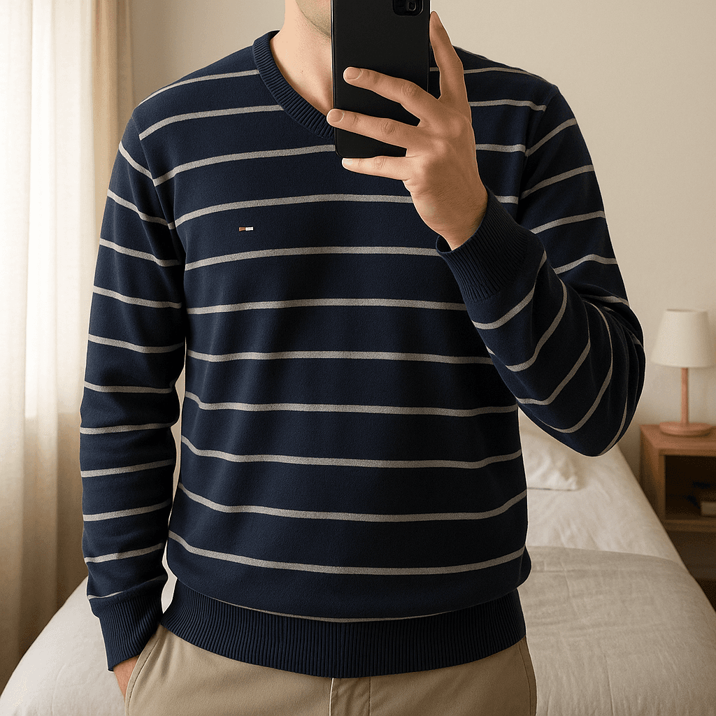 Pull Col V à rayures Tommy Hilfiger 100% coton Bleu Marine M debout, face à la caméra, dans une chambre à la lumière douce, avec une lumière naturelle filtrant par la fenêtre.