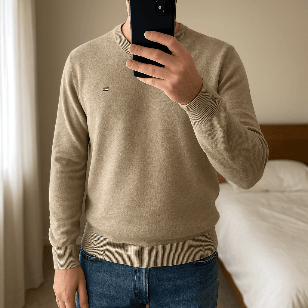 Pull Col V 100% Coton Tommy Hilfiger Beige L debout, face à la caméra, dans une chambre à la lumière douce, avec une lumière naturelle filtrant par la fenêtre.