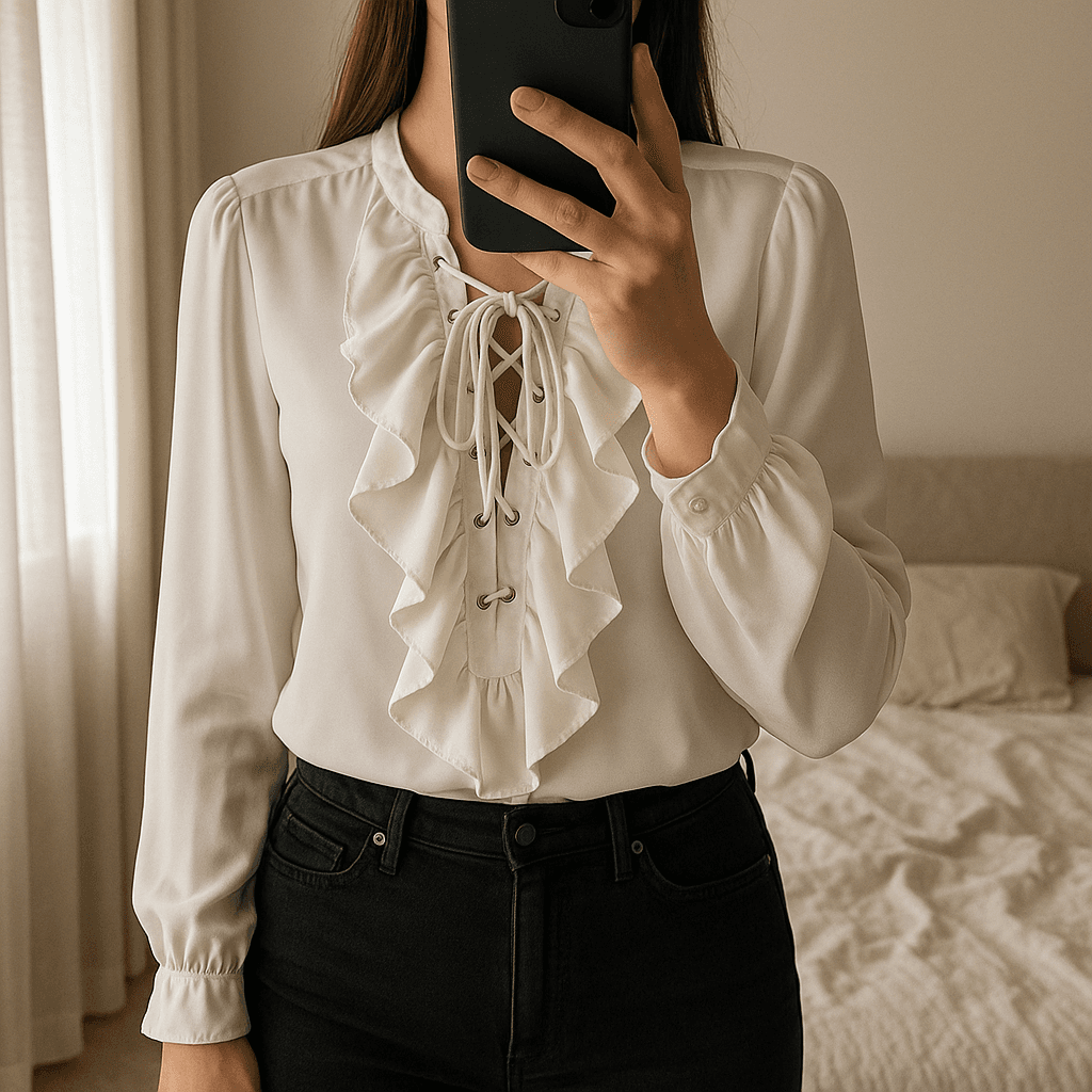 Chemisier blanc léger 38/40 debout, face à la caméra, dans une chambre à la lumière douce, avec une lumière naturelle filtrant par la fenêtre.