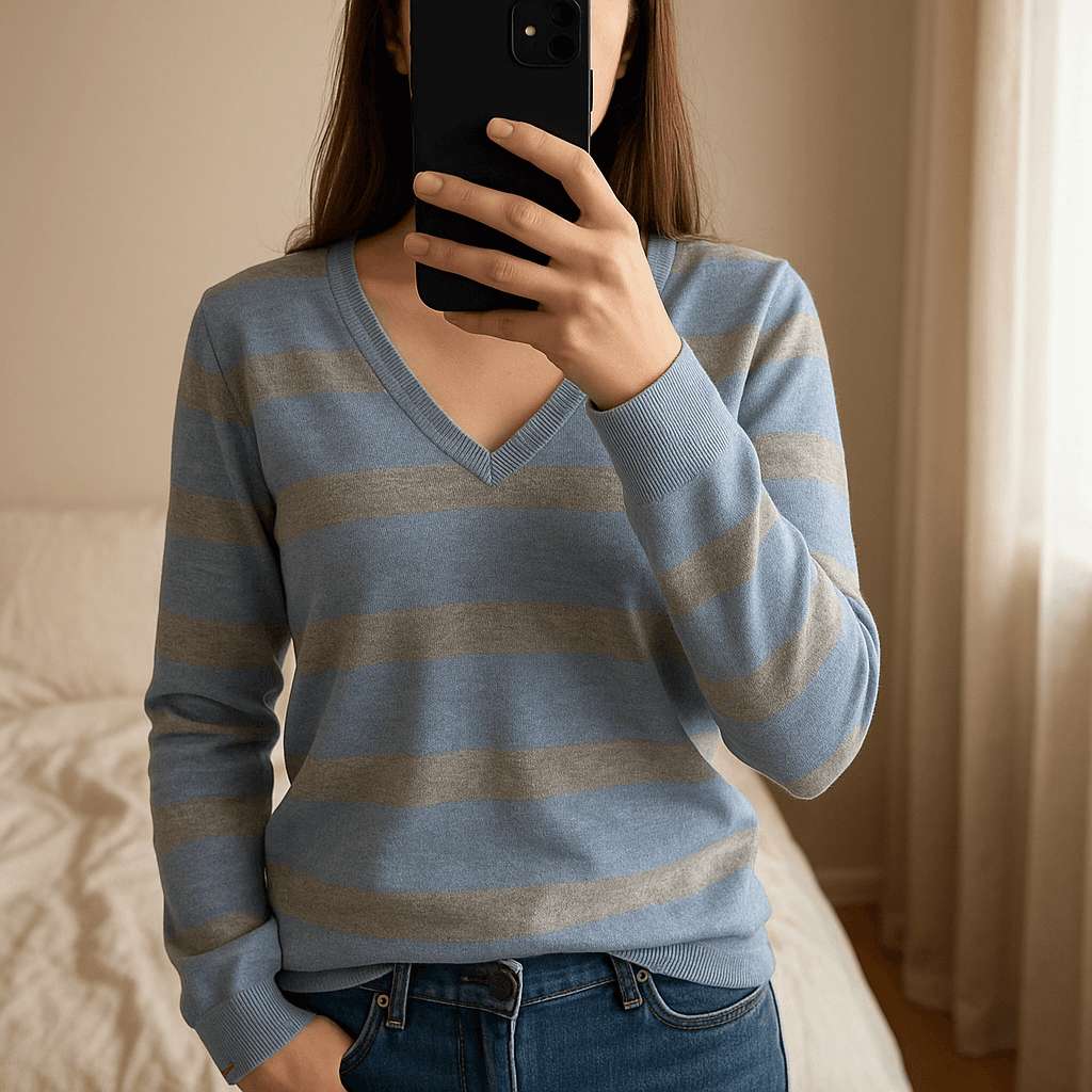 Pull Col V Tommy Hilfiger 100% Pima coton Bleu et Gris L debout, face à la caméra, dans une chambre à la lumière douce, avec une lumière naturelle filtrant par la fenêtre.