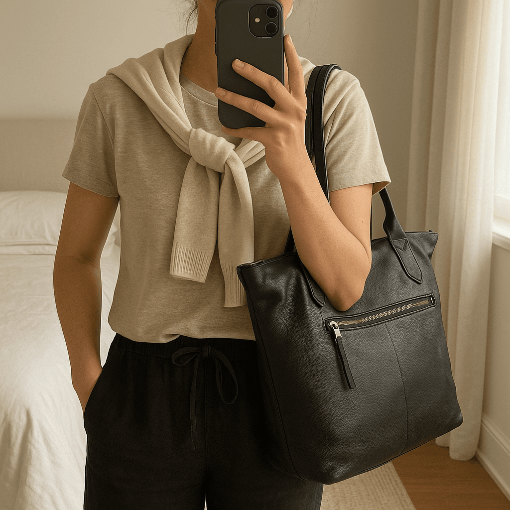 Sac à main Fossil debout, face à la caméra, dans une chambre à la lumière douce, avec une lumière naturelle filtrant par la fenêtre.