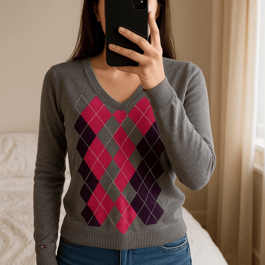 Pull Col V Tommy Hilfiger 100% Pima coton Gris M debout, face à la caméra, dans une chambre à la lumière douce, avec une lumière naturelle filtrant par la fenêtre.