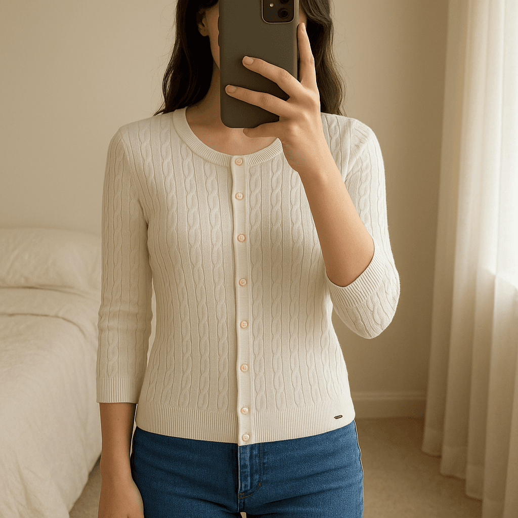 Cardigan Manche 3/4 Torsadé 100% Pima cotton Tommy Hilfiger Blanc M debout, face à la caméra, dans une chambre à la lumière douce, avec une lumière naturelle filtrant par la fenêtre.