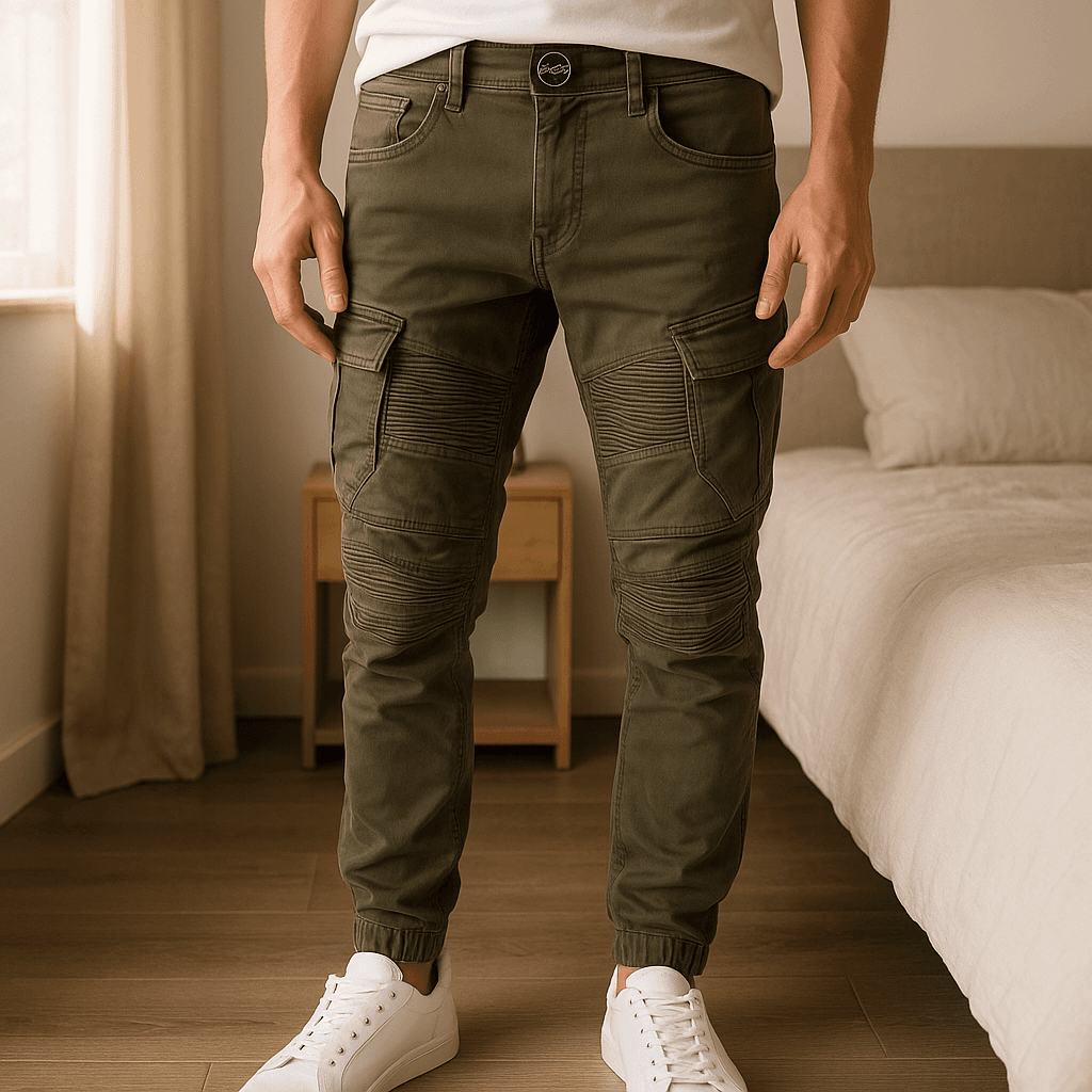 👖 Jean cargo biker kaki – Project X Paris – Taille 31 (FR 40) debout, face à la caméra, dans une chambre à la lumière douce, avec une lumière naturelle filtrant par la fenêtre.