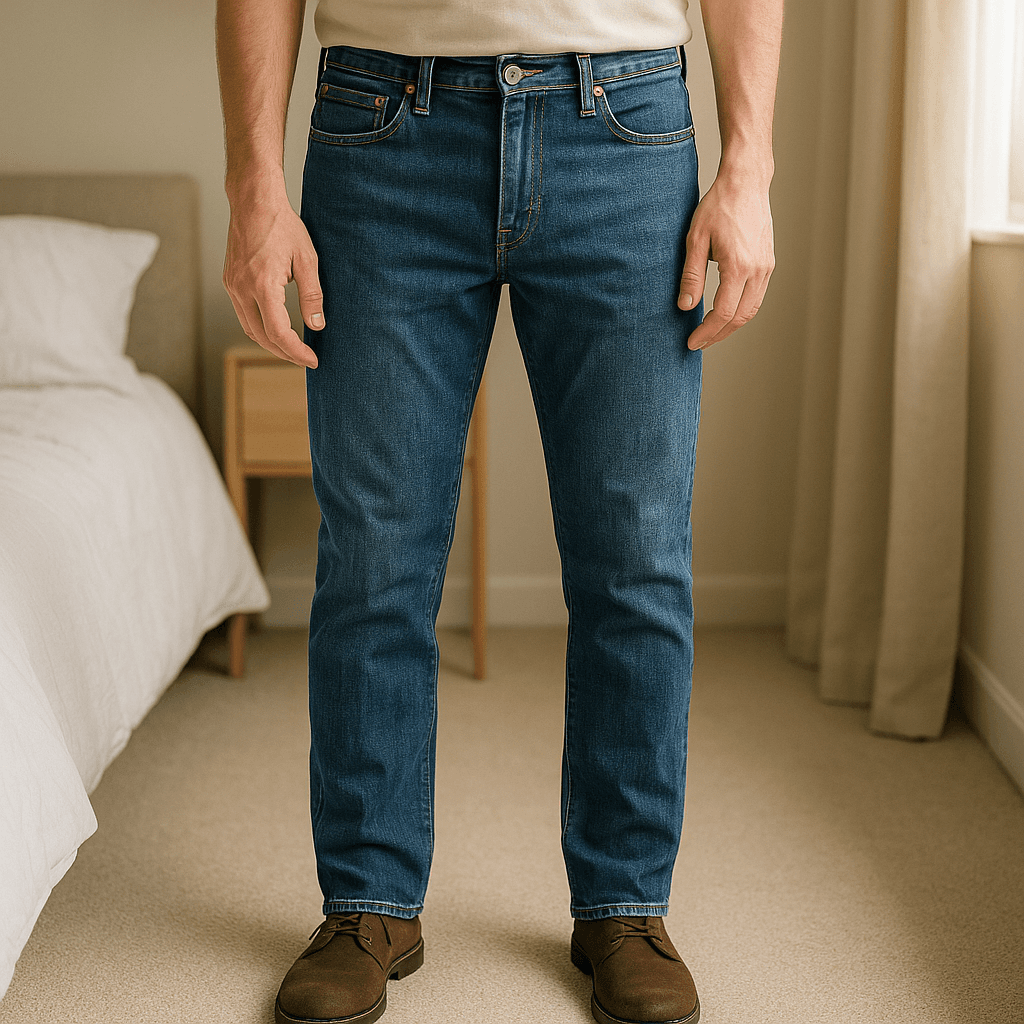 Jeans abercombie & fitch 36/32 brut debout, face à la caméra, dans une chambre à la lumière douce, avec une lumière naturelle filtrant par la fenêtre.
