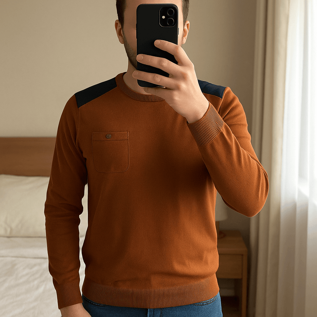 🧥 Pull homme Jules – Taille L – Camel & Bleu marine debout, face à la caméra, dans une chambre à la lumière douce, avec une lumière naturelle filtrant par la fenêtre.