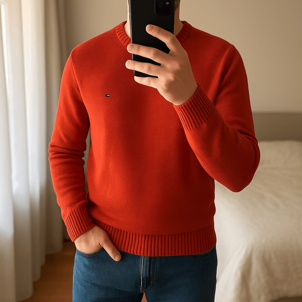 Pull Col Rond 100 % Premium Coton Tommy Hilfiger Orange M debout, face à la caméra, dans une chambre à la lumière douce, avec une lumière naturelle filtrant par la fenêtre.