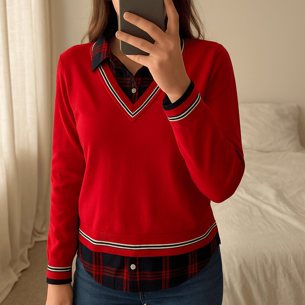 Pull Col V Chemise Tommy Hilfiger Rouge L debout, face à la caméra, dans une chambre à la lumière douce, avec une lumière naturelle filtrant par la fenêtre.
