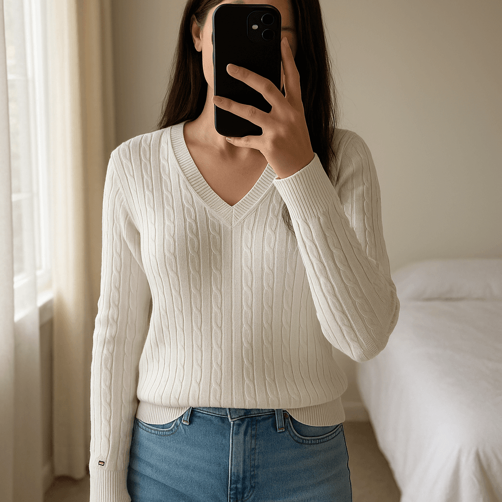 Pull Torsadé Col V 100% Coton Tommy Hilfiger Marron Blanc XL debout, face à la caméra, dans une chambre à la lumière douce, avec une lumière naturelle filtrant par la fenêtre.