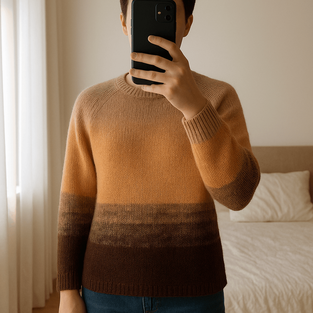 Pull tricoté main automnal taille xl debout, face à la caméra, dans une chambre à la lumière douce, avec une lumière naturelle filtrant par la fenêtre.