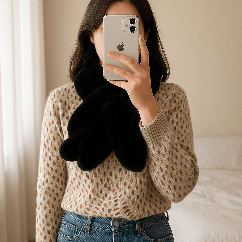 Echarpe tour de cou debout, face à la caméra, dans une chambre à la lumière douce, avec une lumière naturelle filtrant par la fenêtre.