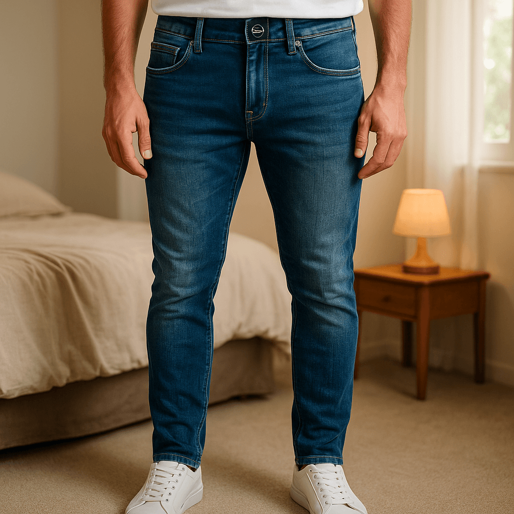 👖 Jean slim homme – Taille 32 (FR42)- Project X Paris debout, face à la caméra, dans une chambre à la lumière douce, avec une lumière naturelle filtrant par la fenêtre.