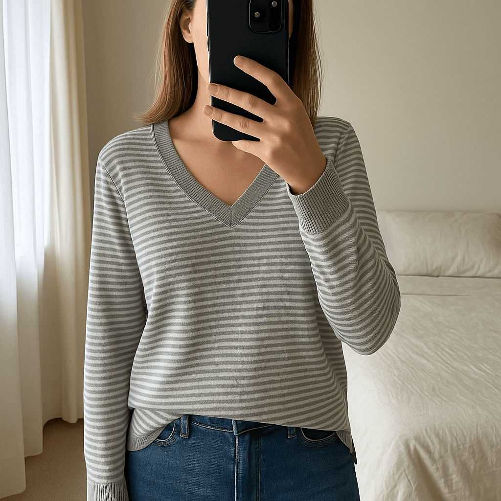 Pull Col V 100% Coton Tommy Hilfiger Gris M Oversize debout, face à la caméra, dans une chambre à la lumière douce, avec une lumière naturelle filtrant par la fenêtre.