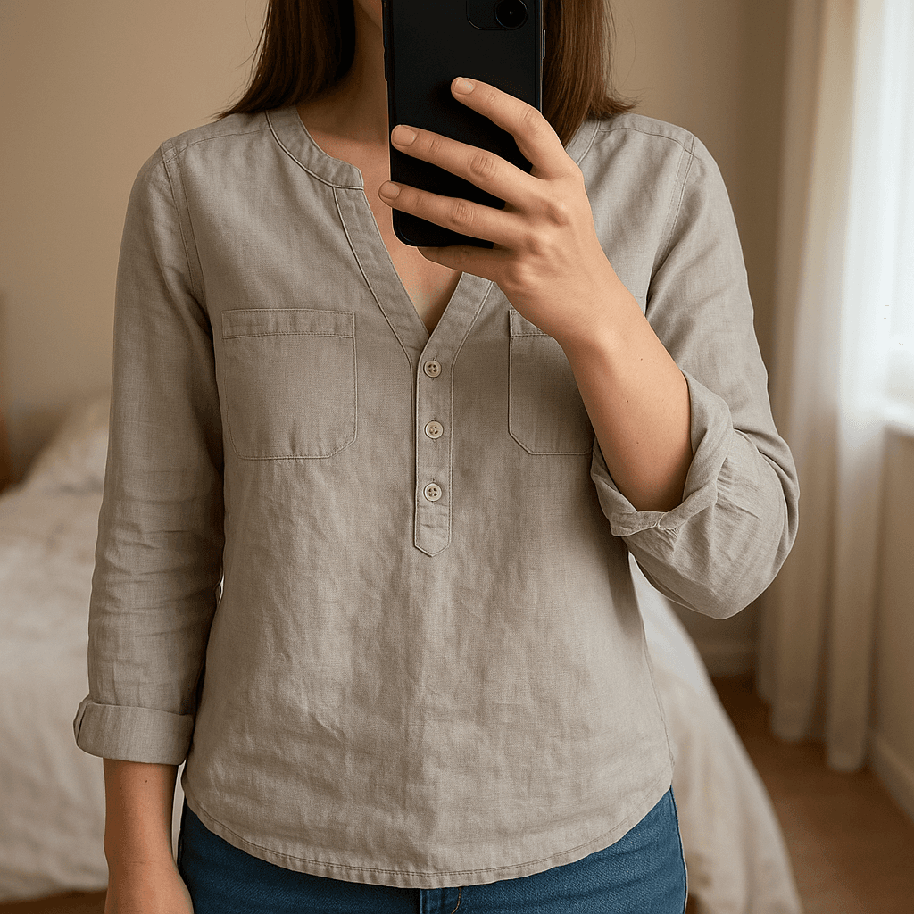 Blouse en lin beige Caroll taille 42 debout, face à la caméra, dans une chambre à la lumière douce, avec une lumière naturelle filtrant par la fenêtre.