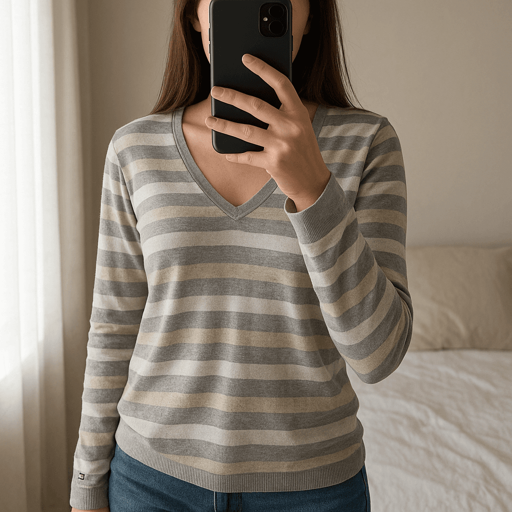 Pull Col V à rayures Tommy Hilfiger 100% coton Gris L debout, face à la caméra, dans une chambre à la lumière douce, avec une lumière naturelle filtrant par la fenêtre.