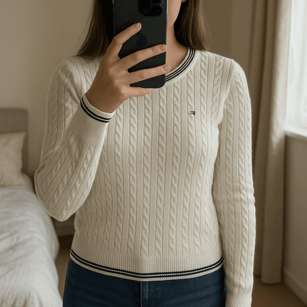 Pull Torsadé Col Rond 100% Coton Tommy Hilfiger Blanc M debout, face à la caméra, dans une chambre à la lumière douce, avec une lumière naturelle filtrant par la fenêtre.