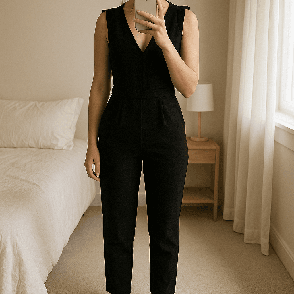 Combinaison noir taille 3 debout, face à la caméra, dans une chambre à la lumière douce, avec une lumière naturelle filtrant par la fenêtre.