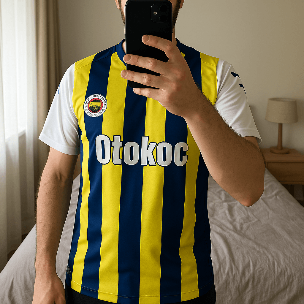 Maillot Fenerbahce Edin Dzeko Puma 2023/24 🟡 debout, face à la caméra, dans une chambre à la lumière douce, avec une lumière naturelle filtrant par la fenêtre.