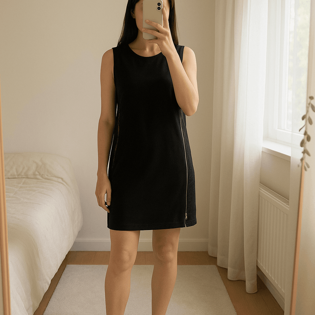 Robe noir dentelle taille 38 debout, face à la caméra, dans une chambre à la lumière douce, avec une lumière naturelle filtrant par la fenêtre.