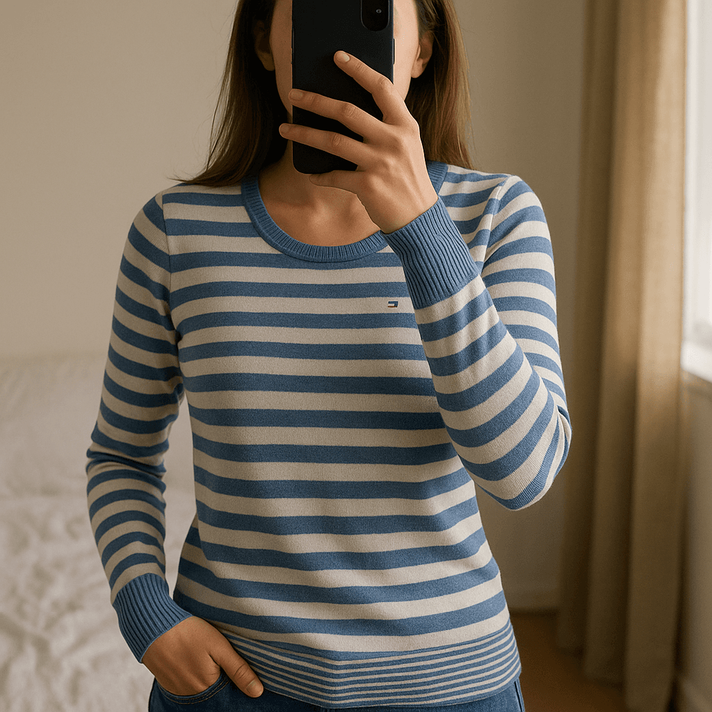 Pull Col Rond Tommy Hilfiger 100% coton Bleu à rayures XS debout, face à la caméra, dans une chambre à la lumière douce, avec une lumière naturelle filtrant par la fenêtre.