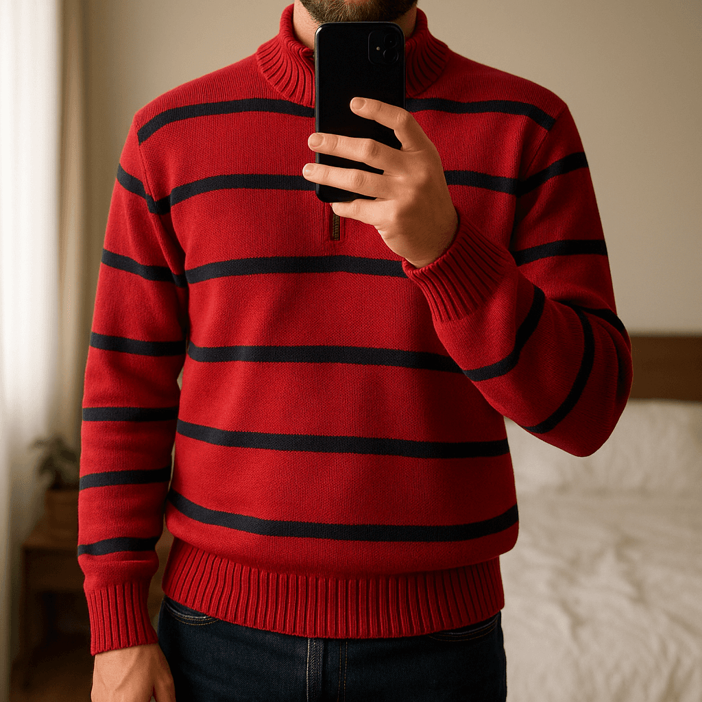 Pull QuarterZip Col montant Ralph Lauren Rouge XL debout, face à la caméra, dans une chambre à la lumière douce, avec une lumière naturelle filtrant par la fenêtre.