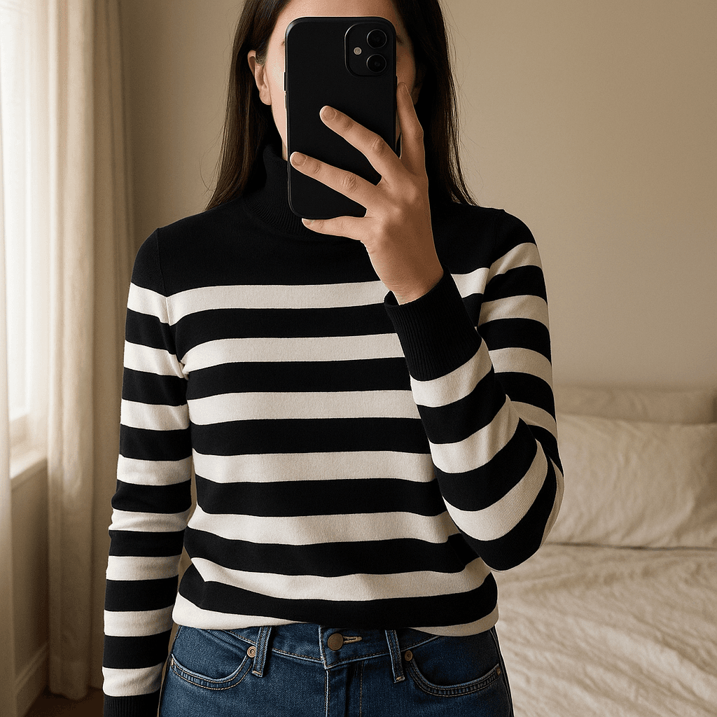 Pull Col Roulé Tommy Hilfiger à rayures Noir et Blanc M debout, face à la caméra, dans une chambre à la lumière douce, avec une lumière naturelle filtrant par la fenêtre.