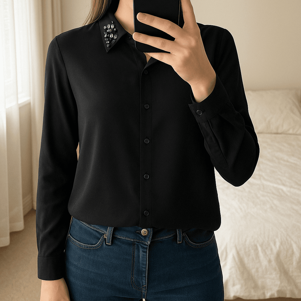 Chemise debout, face à la caméra, dans une chambre à la lumière douce, avec une lumière naturelle filtrant par la fenêtre.