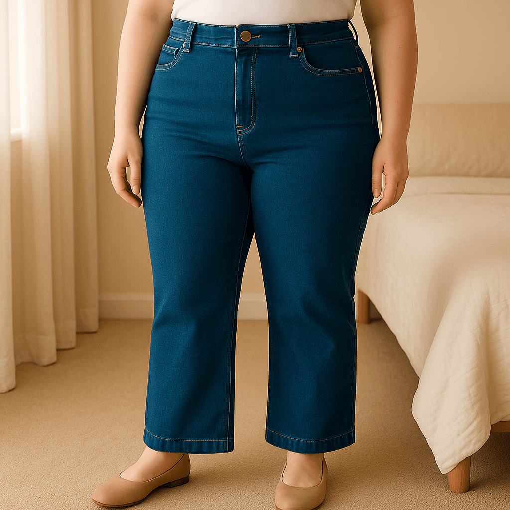 Une personne en Jeans 50 femme woman tendance debout, face à la caméra, dans une chambre à la lumière douce, avec une lumière naturelle filtrant par la fenêtre.