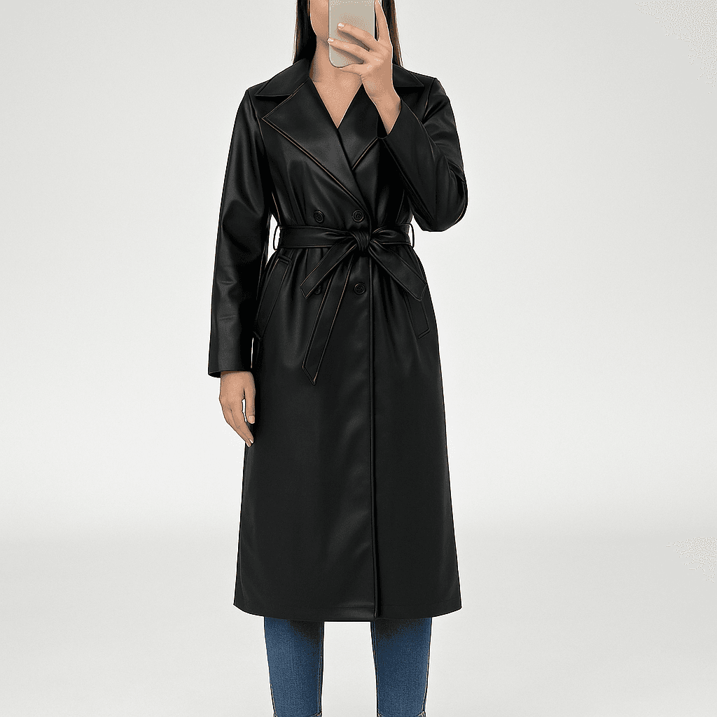 Une personne en Trench femme long noir debout, face à la caméra, dans un studio photo épuré avec fond blanc et éclairage doux.