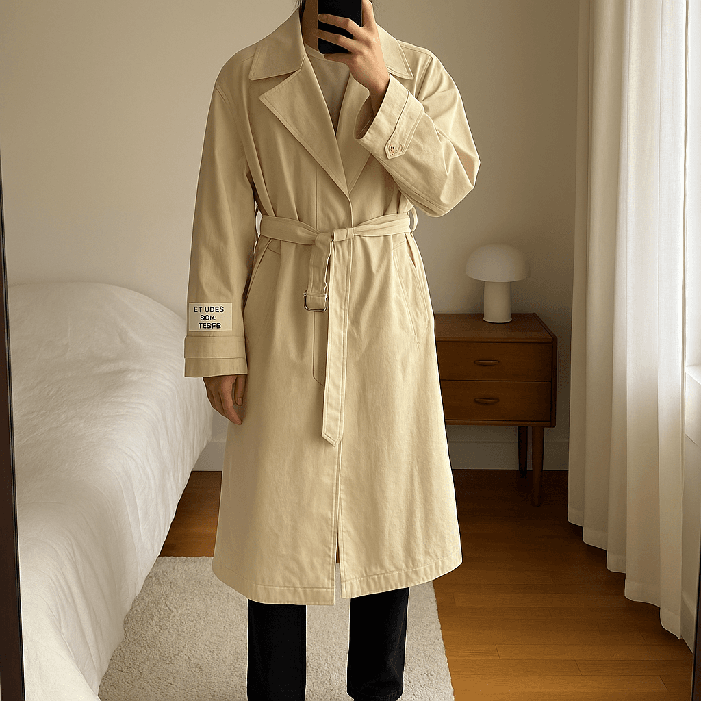 Études Territory Stencil light beige debout, face à la caméra, dans une chambre à la lumière douce, avec une lumière naturelle filtrant par la fenêtre.