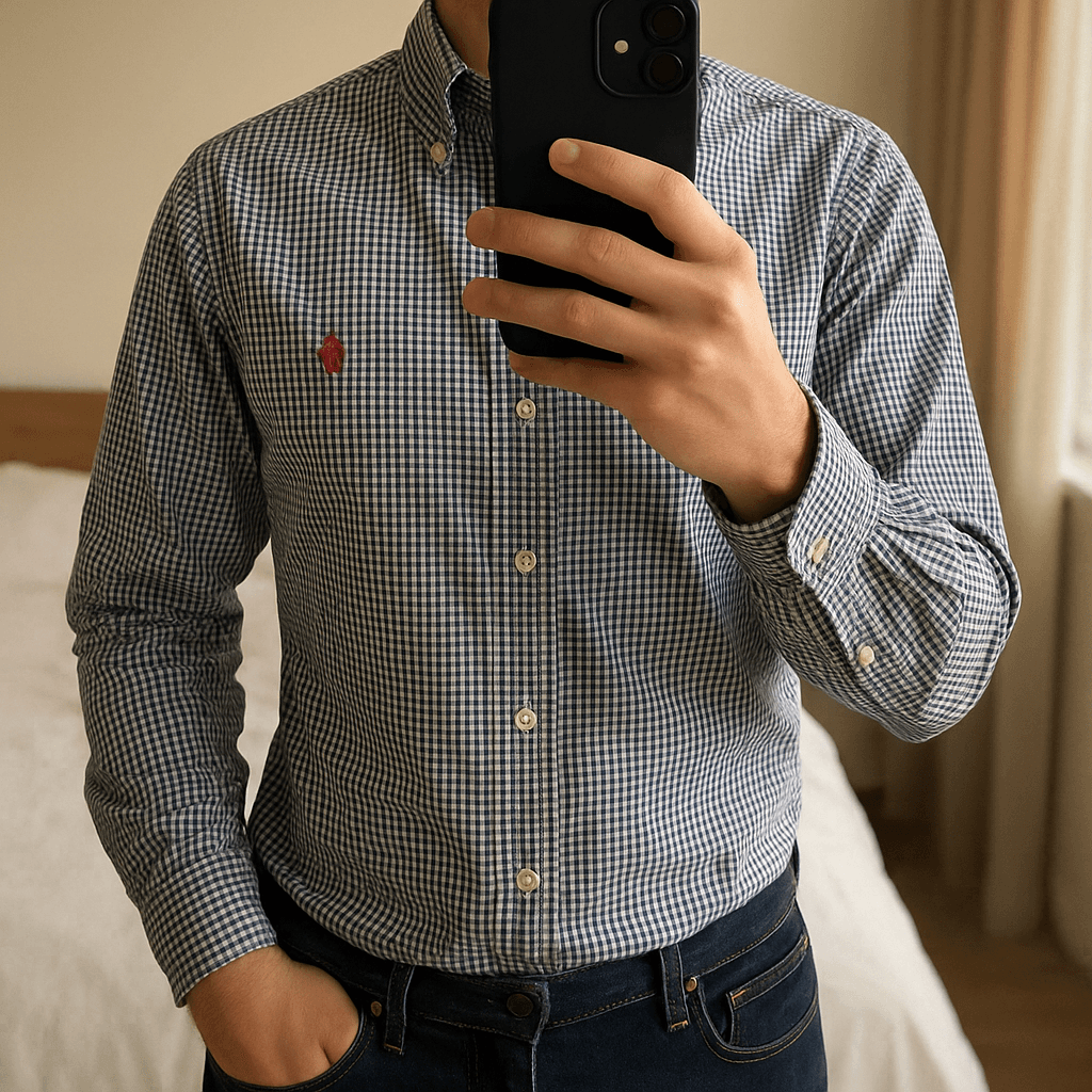 Chemise Ralph Lauren Polo - Taille L debout, face à la caméra, dans une chambre à la lumière douce, avec une lumière naturelle filtrant par la fenêtre.