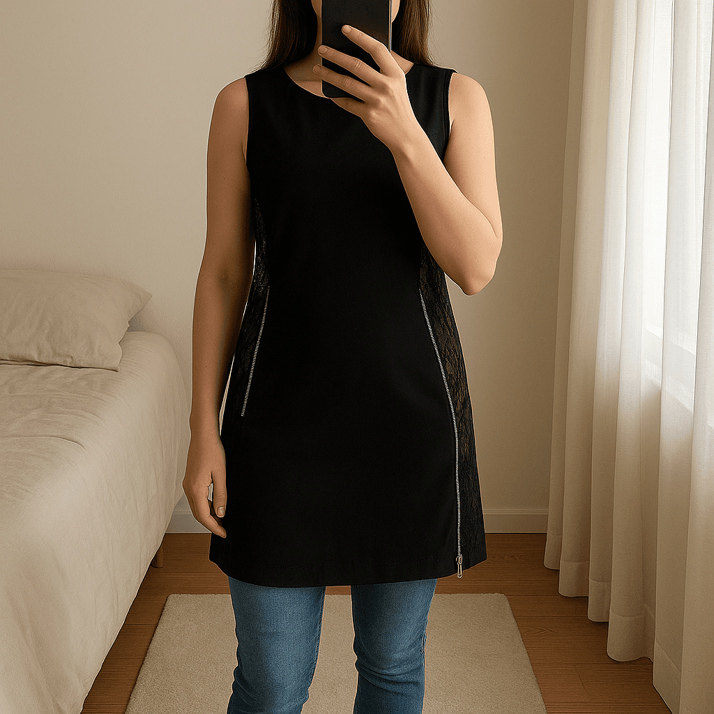 Robe noir dentelle taille 38 debout, face à la caméra, dans une chambre à la lumière douce, avec une lumière naturelle filtrant par la fenêtre.