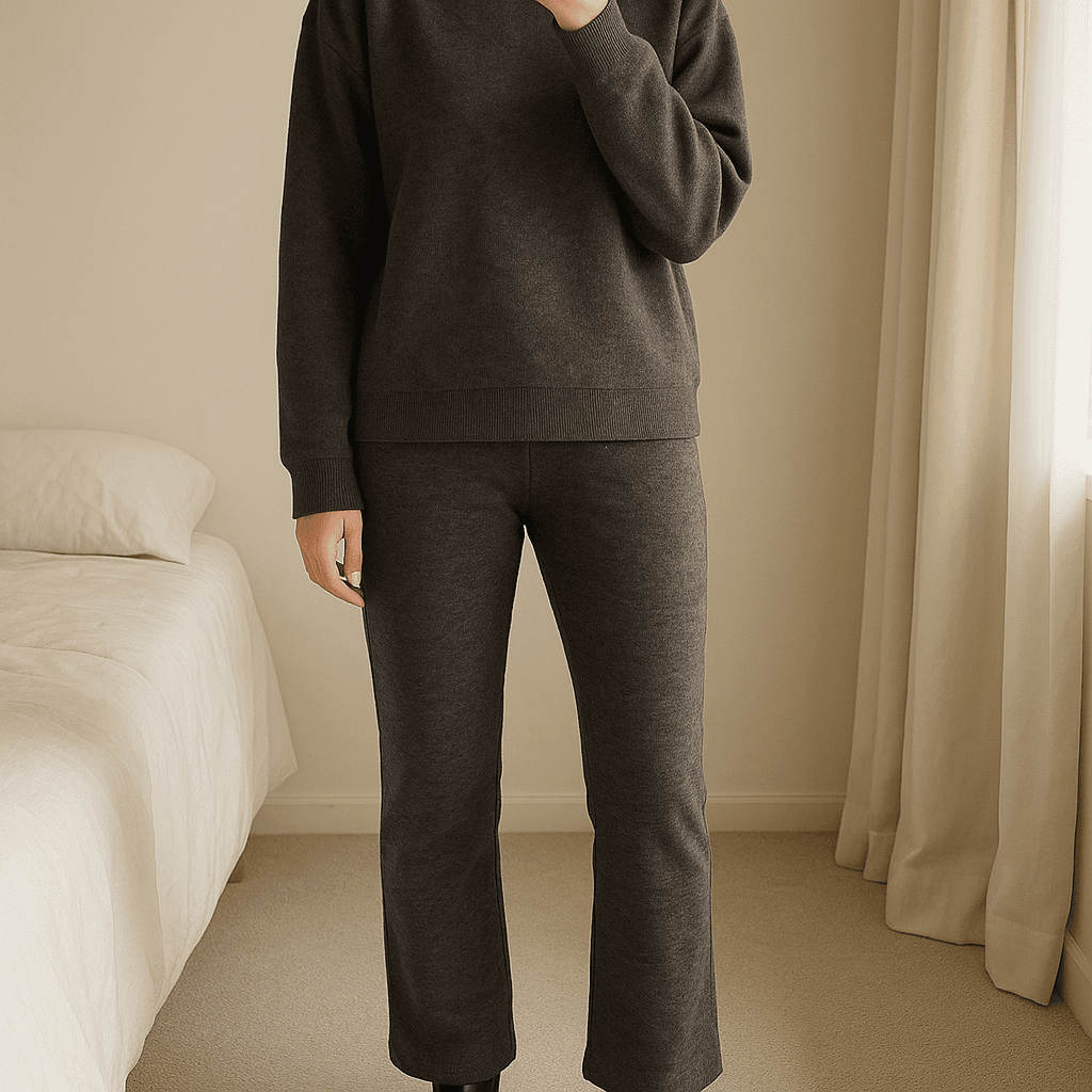 Marella pants debout, face à la caméra, dans une chambre à la lumière douce, avec une lumière naturelle filtrant par la fenêtre.