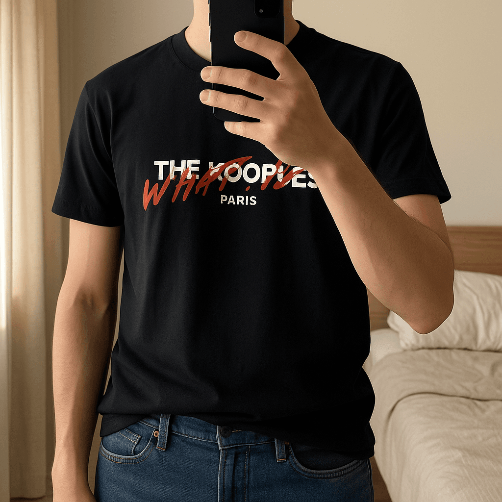 T shirt noir The Kooples taille M neuf debout, face à la caméra, dans une chambre à la lumière douce, avec une lumière naturelle filtrant par la fenêtre.
