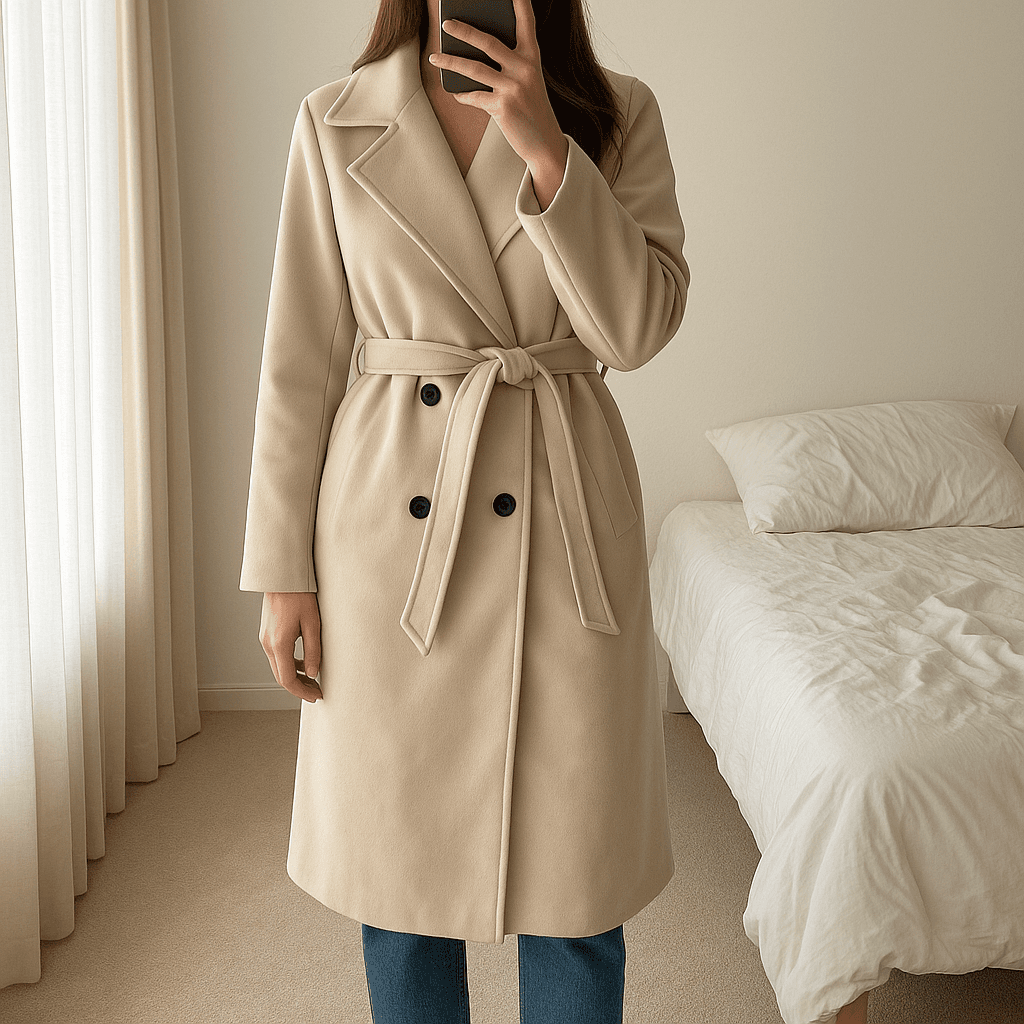 Une personne en Manteau femme hiver long 115 cm beige debout, face à la caméra, avec une silhouette fine, dans une chambre à la lumière douce, avec une lumière naturelle filtrant par la fenêtre.