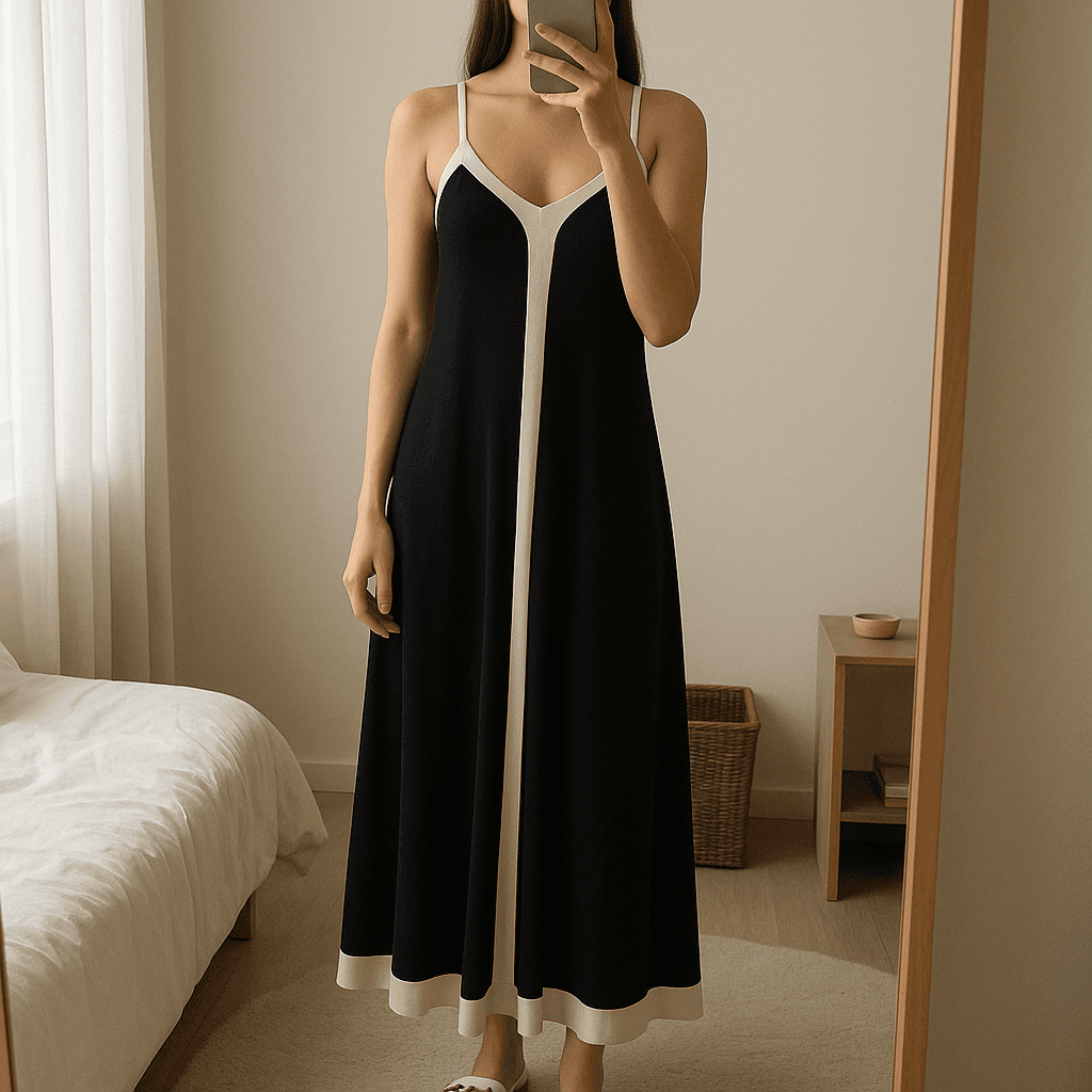 Robe noir et beige new collection debout, face à la caméra, dans une chambre à la lumière douce, avec une lumière naturelle filtrant par la fenêtre.