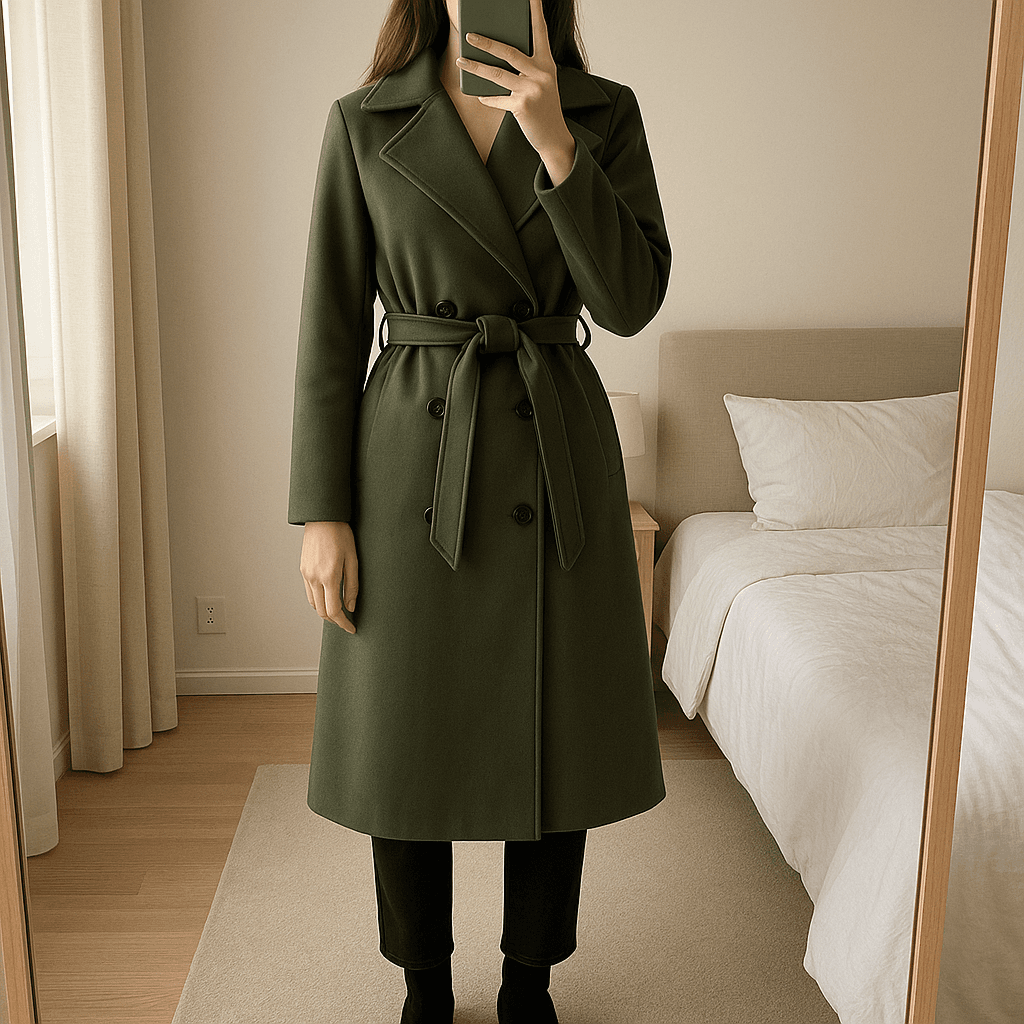 Une personne en Manteau femme long vert foncé debout, face à la caméra, avec une silhouette fine, dans une chambre à la lumière douce, avec une lumière naturelle filtrant par la fenêtre.