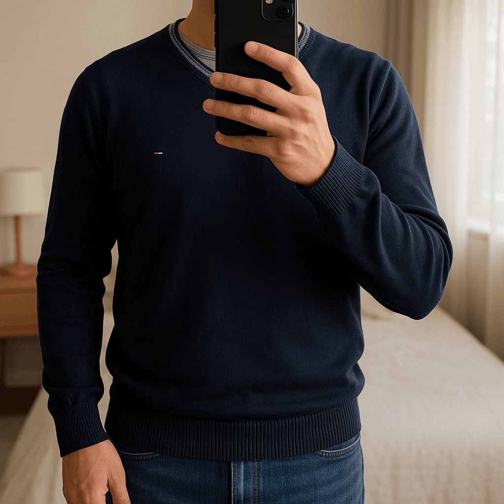 Pull Tommy Hilfiger – Taille L debout, face à la caméra, dans une chambre à la lumière douce, avec une lumière naturelle filtrant par la fenêtre.