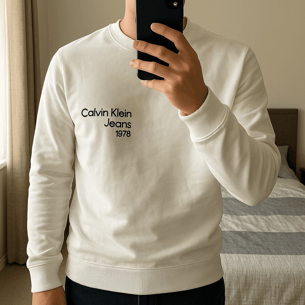 Sweat blanc Calvin Klein Jeans taille L debout, face à la caméra, dans une chambre à la lumière douce, avec une lumière naturelle filtrant par la fenêtre.