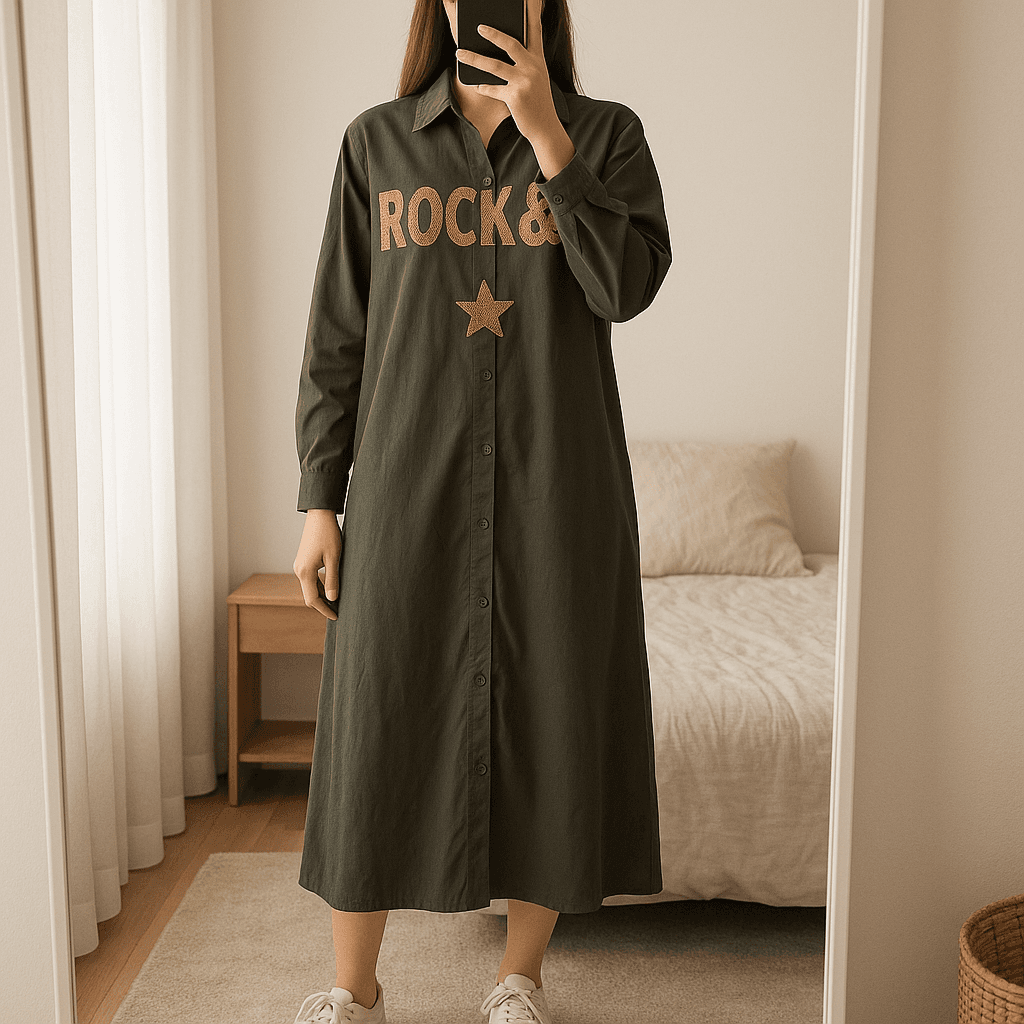 Chemise robe longue new collection debout, face à la caméra, dans une chambre à la lumière douce, avec une lumière naturelle filtrant par la fenêtre.