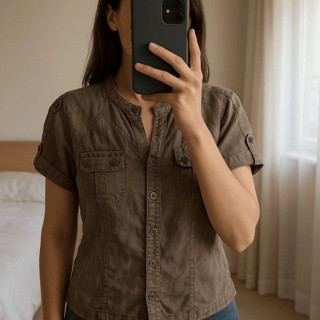 Blouse lin kaki taille 40 Caroll debout, face à la caméra, dans une chambre à la lumière douce, avec une lumière naturelle filtrant par la fenêtre.