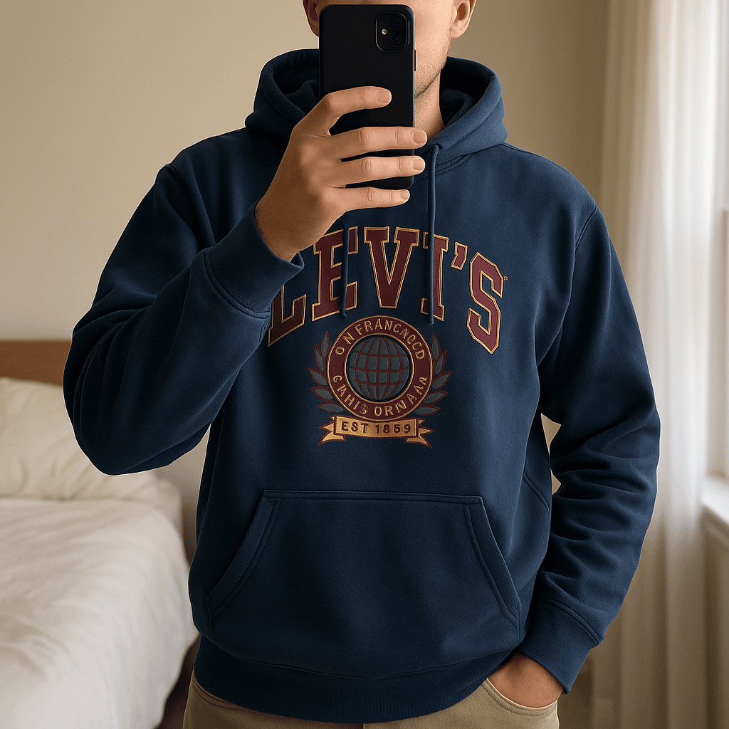 Sweat à capuche Levi's Vintage Taille L debout, face à la caméra, dans une chambre à la lumière douce, avec une lumière naturelle filtrant par la fenêtre.