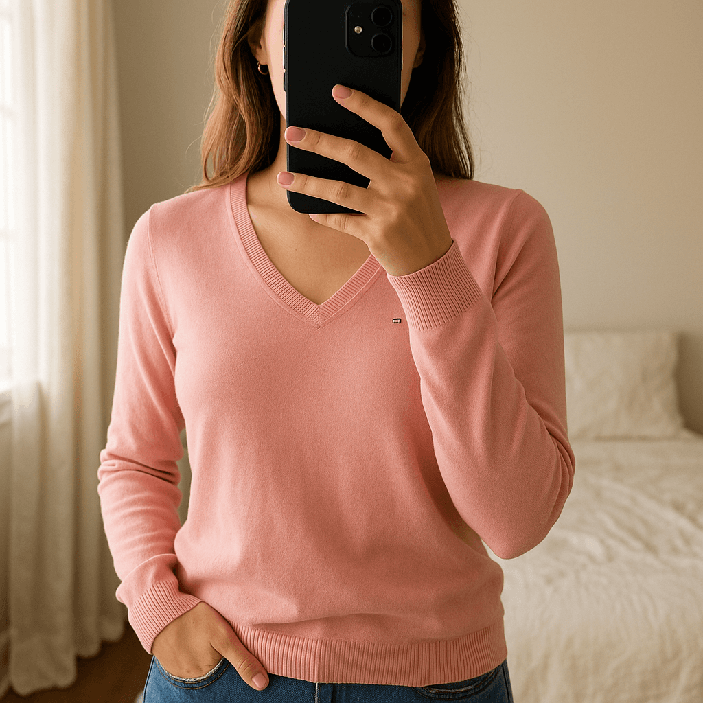 Pull Col V 100% Pima Coton Tommy Hilfiger Rose L debout, face à la caméra, dans une chambre à la lumière douce, avec une lumière naturelle filtrant par la fenêtre.