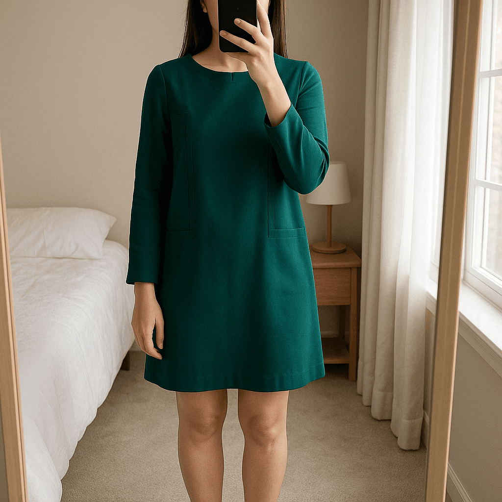 Robe hiver verte manche longue la redoute taille 44 debout, face à la caméra, dans une chambre à la lumière douce, avec une lumière naturelle filtrant par la fenêtre.