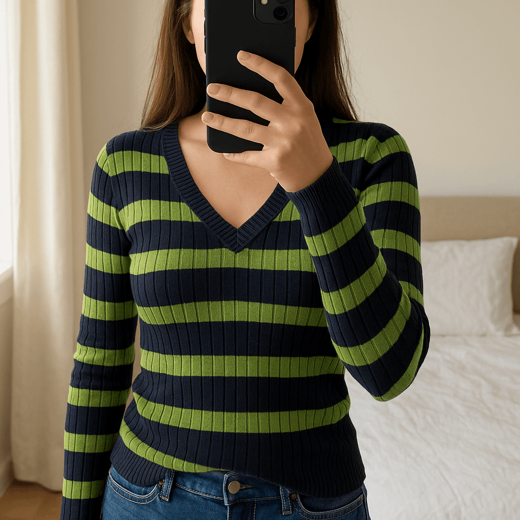 Pull Torsadé Col V 100% Coton Tommy Hilfiger Marron Vert à rayures M debout, face à la caméra, dans une chambre à la lumière douce, avec une lumière naturelle filtrant par la fenêtre.