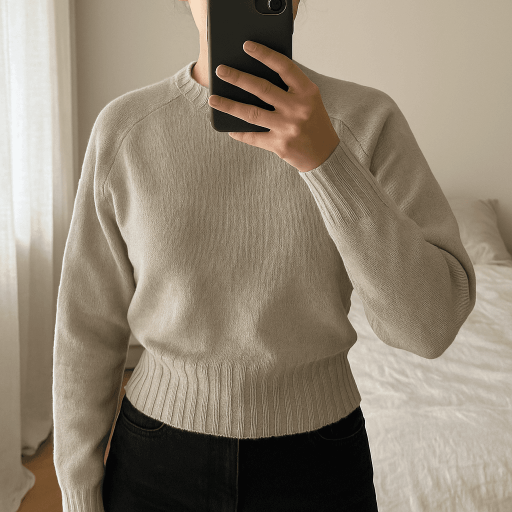 Pull beige Isabel Marant debout, face à la caméra, dans une chambre à la lumière douce, avec une lumière naturelle filtrant par la fenêtre.