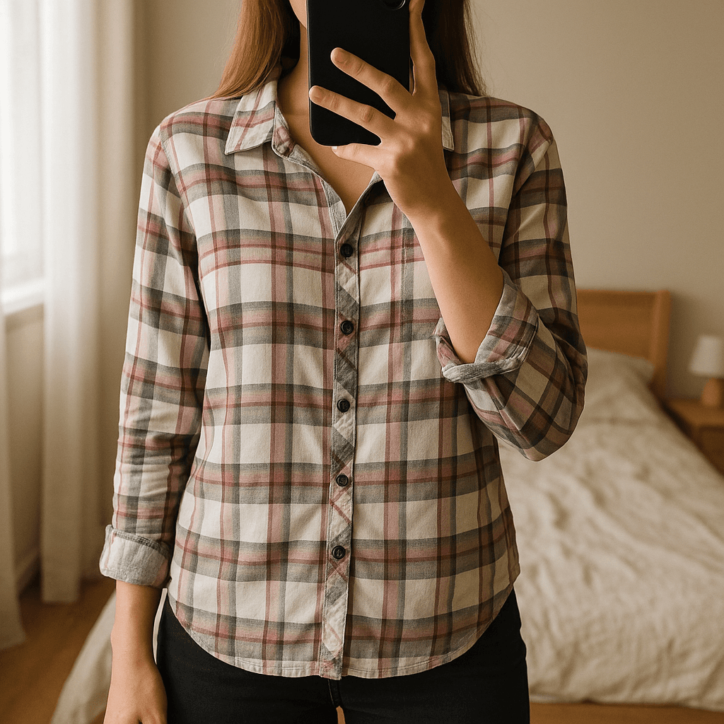 Chemisier Caroll taille 40 debout, face à la caméra, dans une chambre à la lumière douce, avec une lumière naturelle filtrant par la fenêtre.