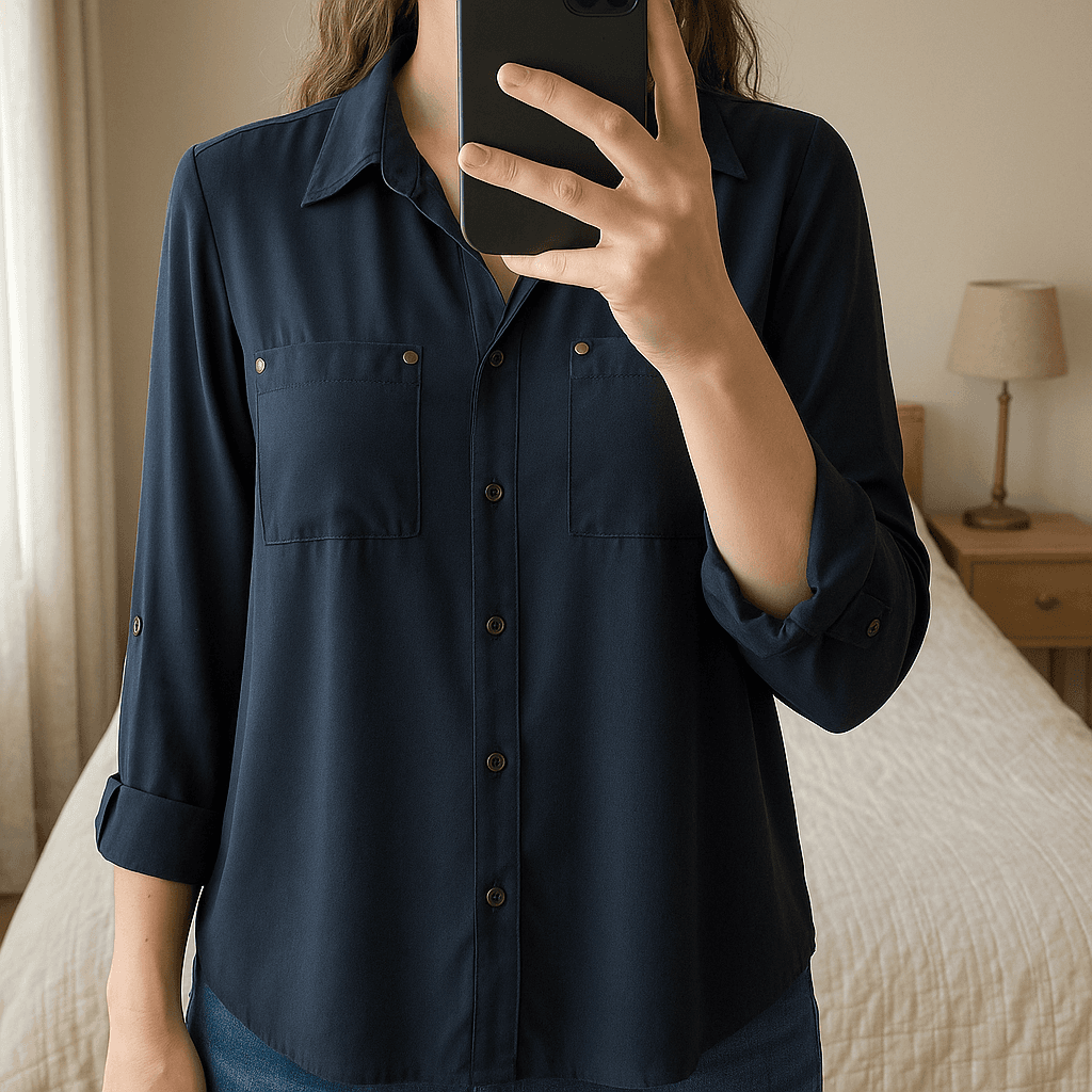 Chemise Atmosphère debout, face à la caméra, dans une chambre à la lumière douce, avec une lumière naturelle filtrant par la fenêtre.