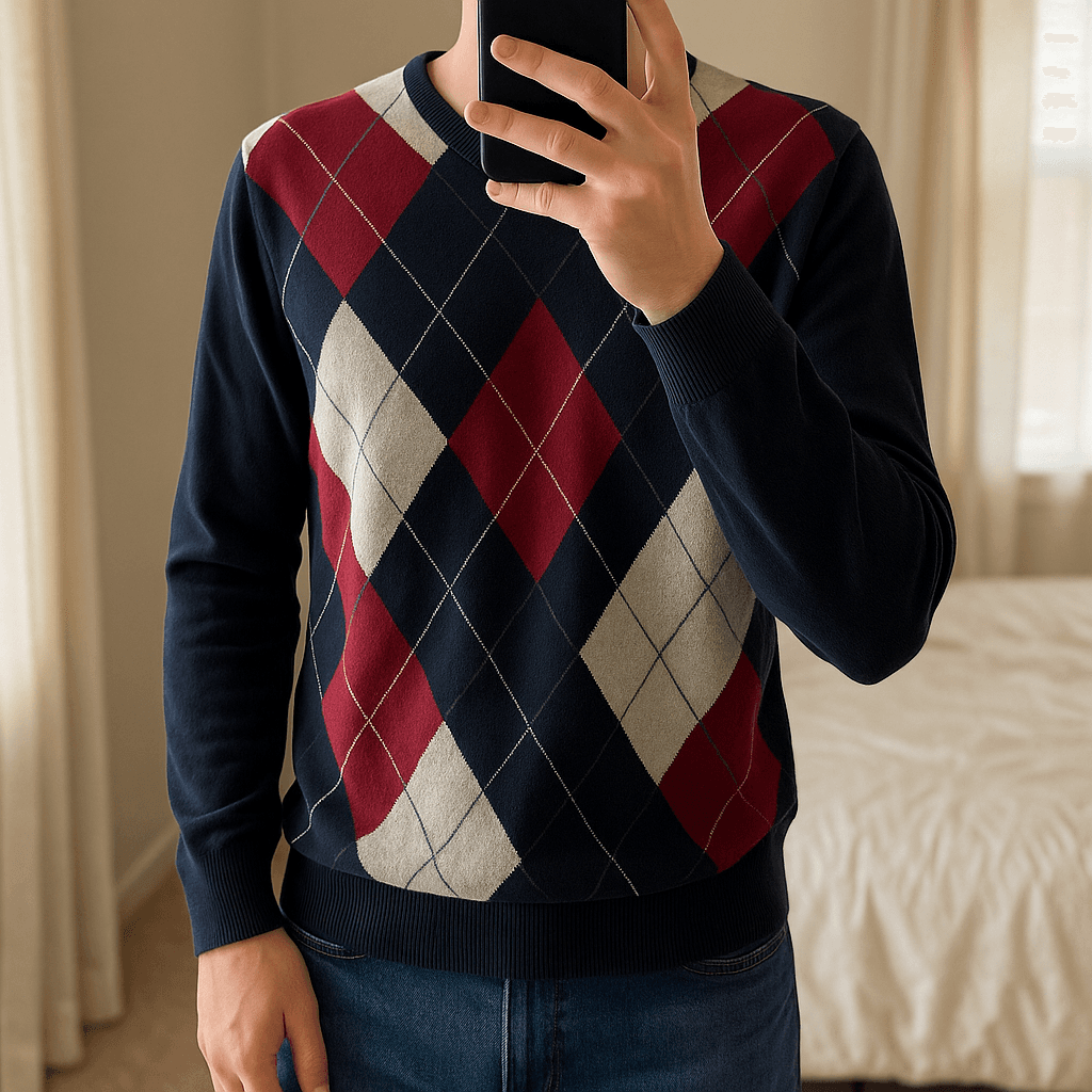Pull Col V 100% Coton Tommy Hilfiger Bleu Marine M debout, face à la caméra, dans une chambre à la lumière douce, avec une lumière naturelle filtrant par la fenêtre.