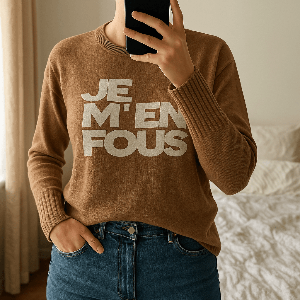 Pull overside ++ camel Je m'en fou debout, face à la caméra, dans une chambre à la lumière douce, avec une lumière naturelle filtrant par la fenêtre.